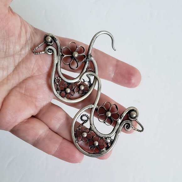 Large MIAO Silver BIRD EARRINGS Hmong Hoop Tribal Rustic Boho Gypsy Handmade - Picture 4 of 9